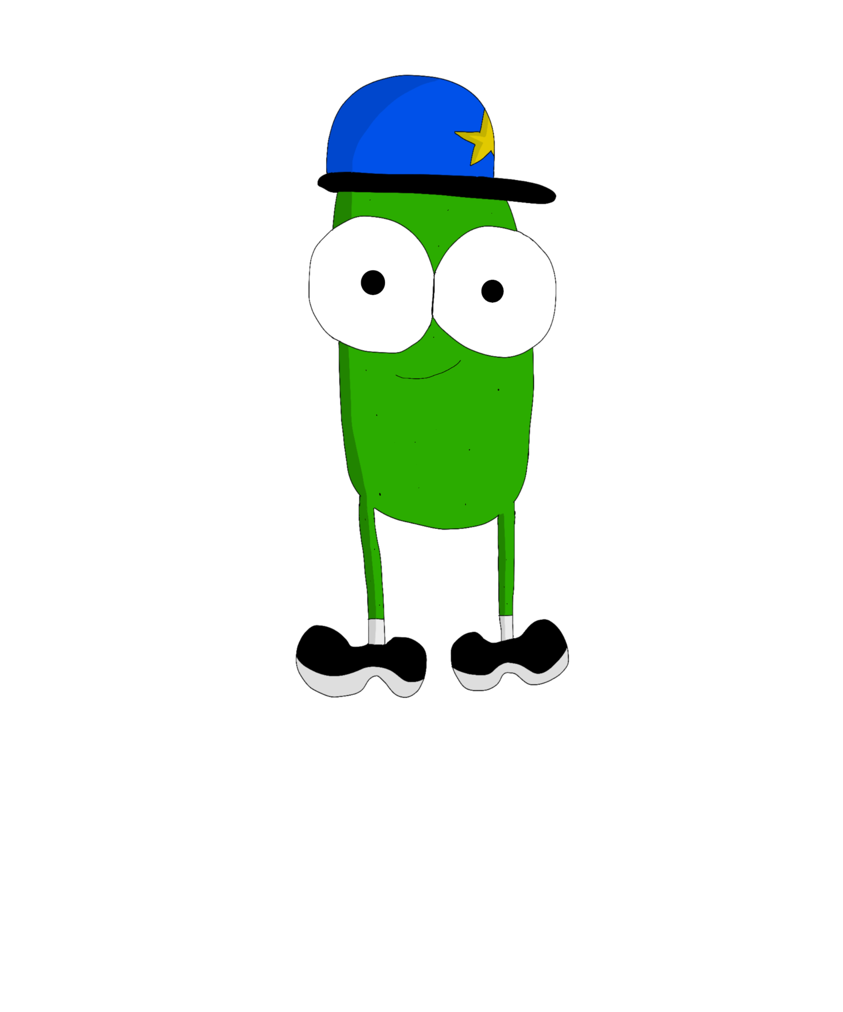 Justin the Pickle, wearing a blue cap and black sneakers